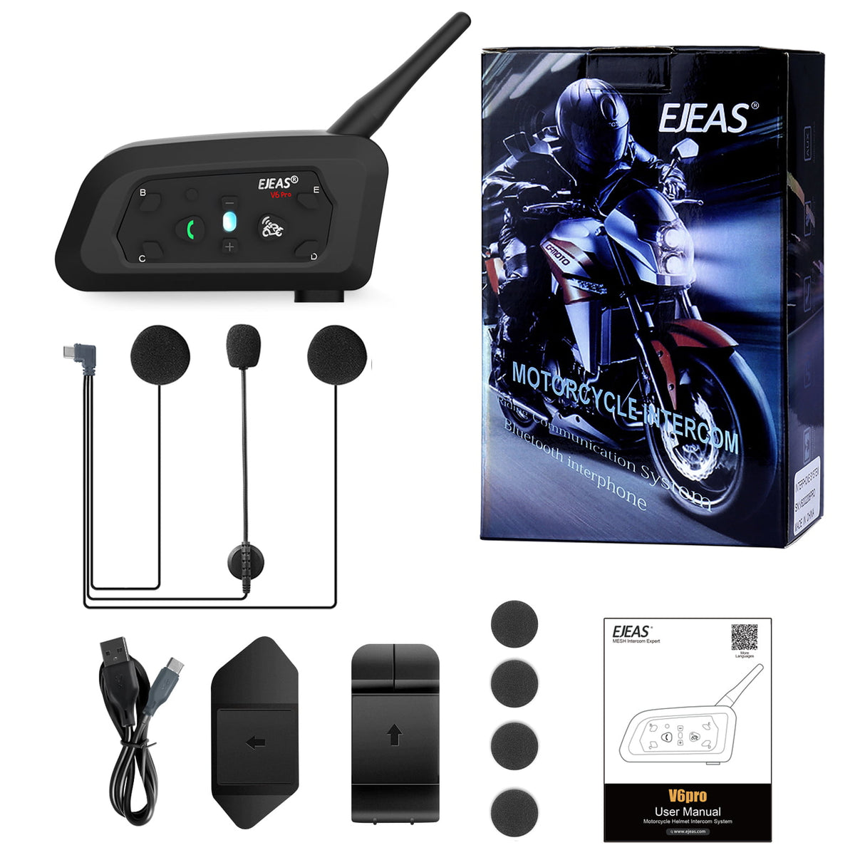 Intercom Bluetooth Headset Ejeas V6PRO+ - Motorcycle Helmet Headset, Single Black