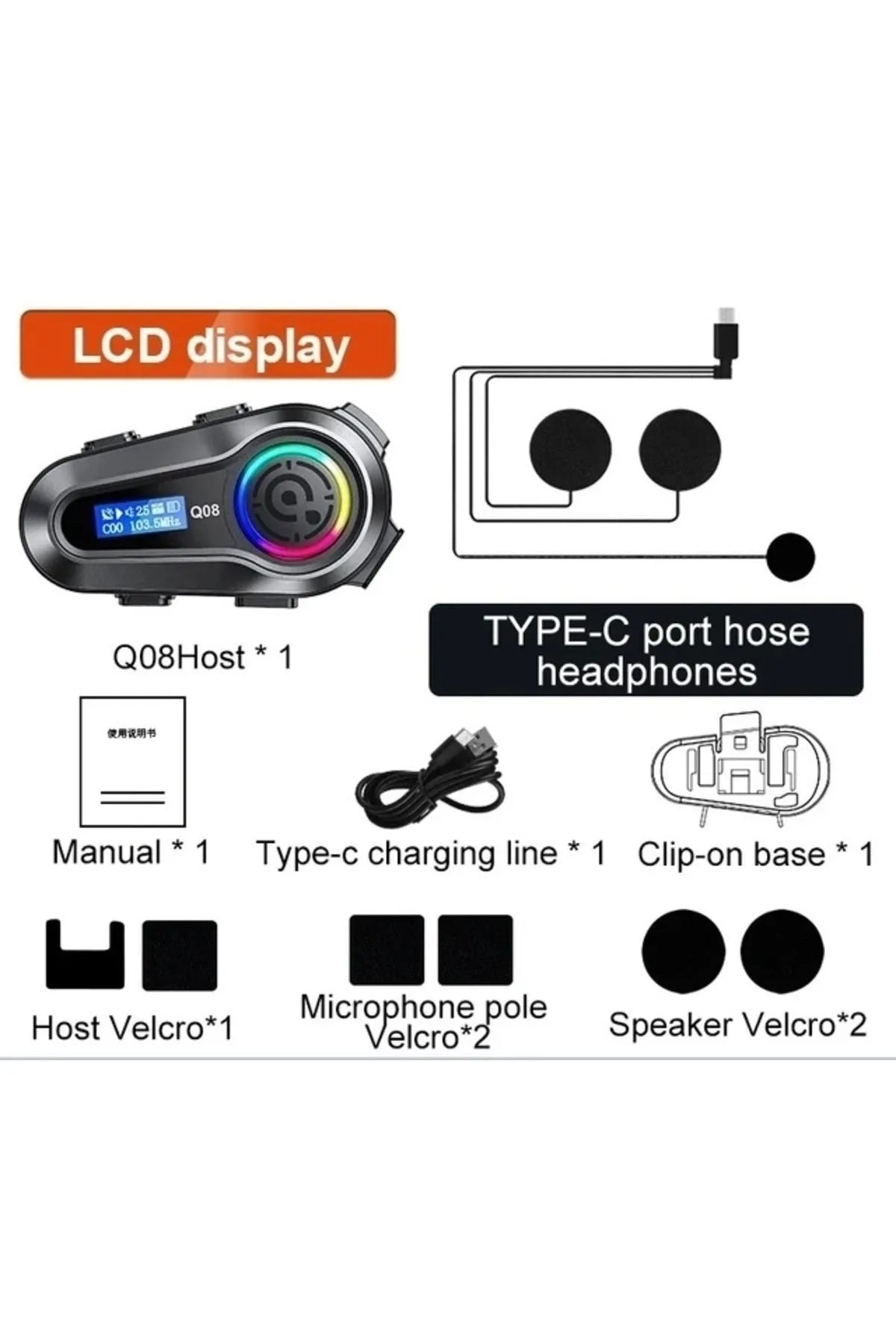Intercom Motorcycle Helmet Bluetooth Headset Q08 - LCD Display, IPX6 Waterproof, Long Battery Life