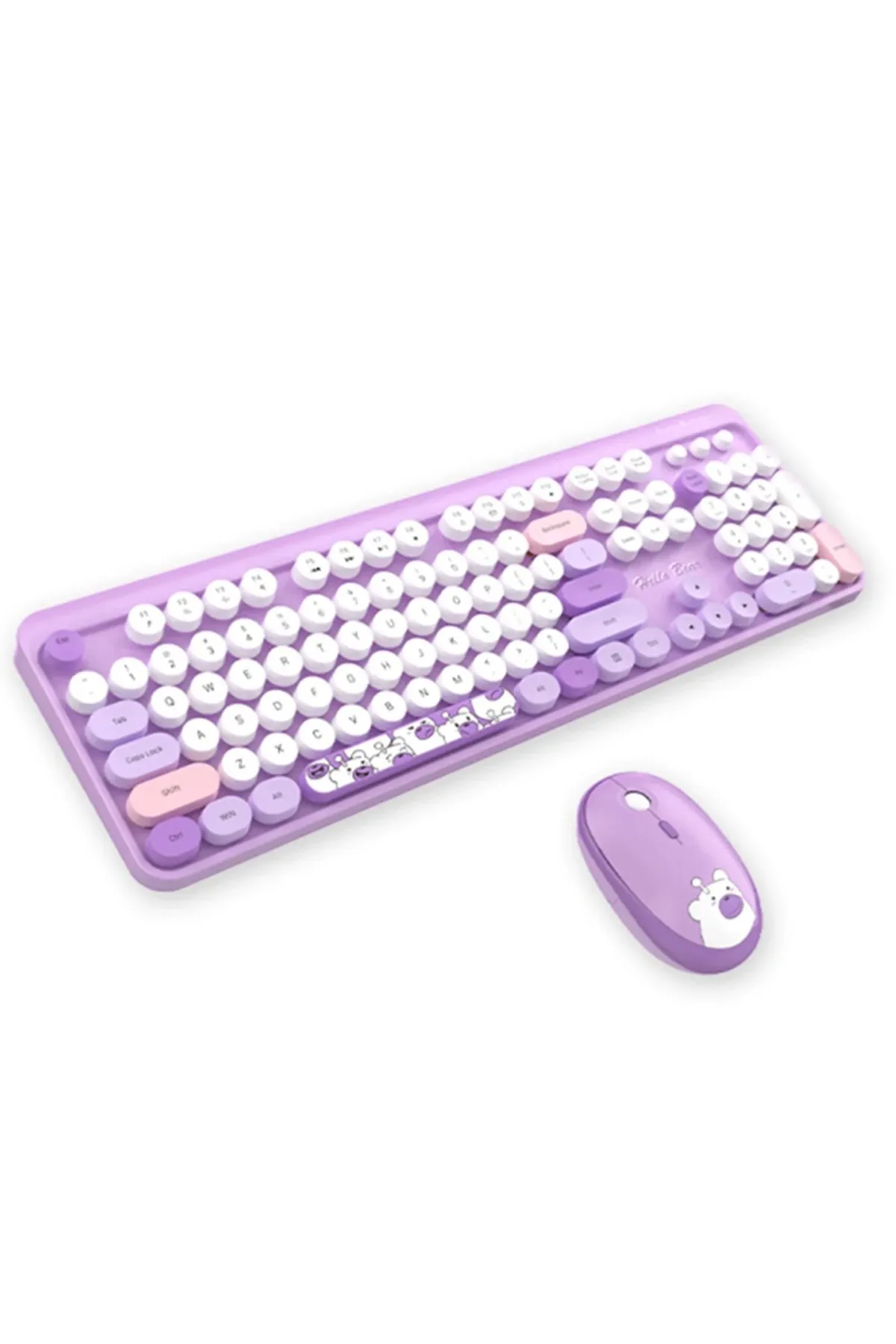 Wireless Keyboard and Mouse Set - Geezer, Teddy Bear Pattern, Colorful Round Keys