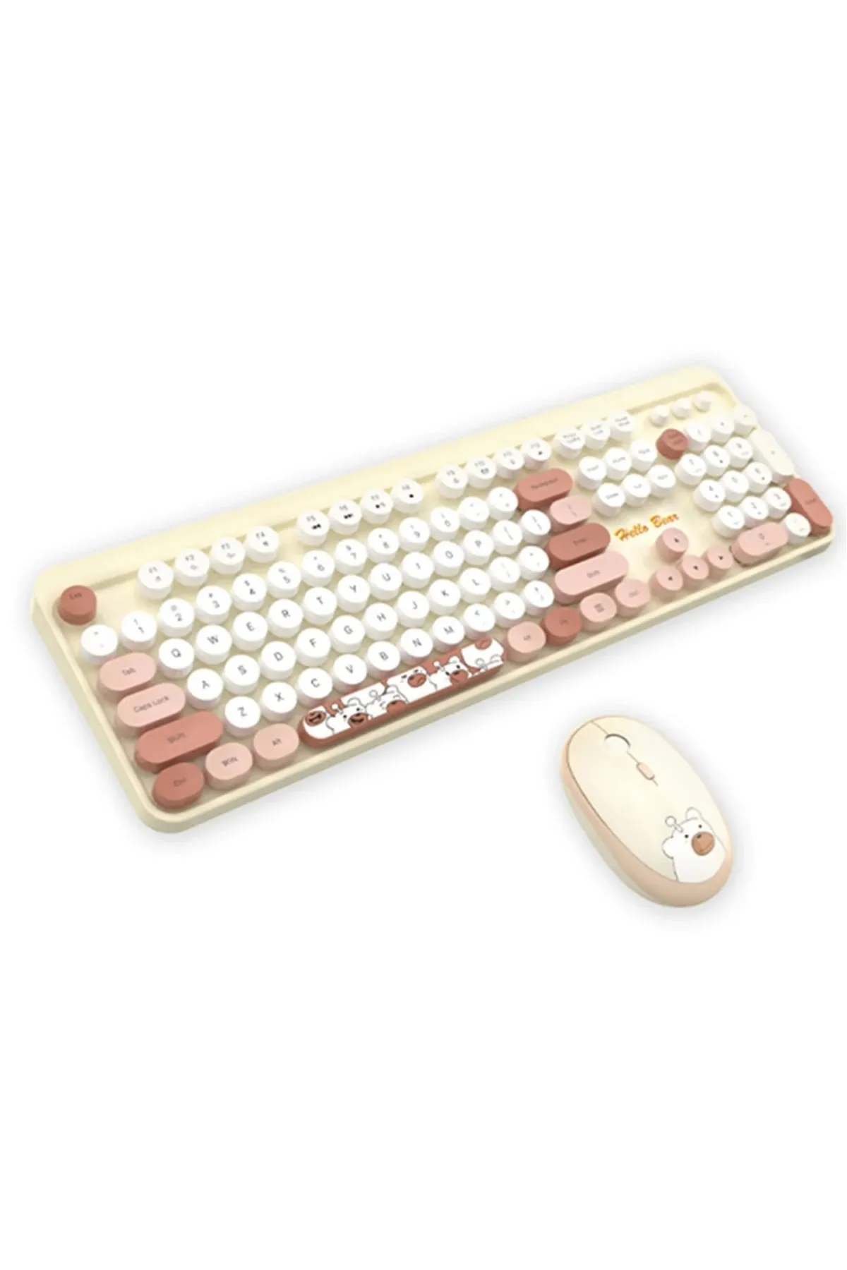 Wireless Keyboard and Mouse Set - Geezer, Teddy Bear Pattern, Colorful Round Keys