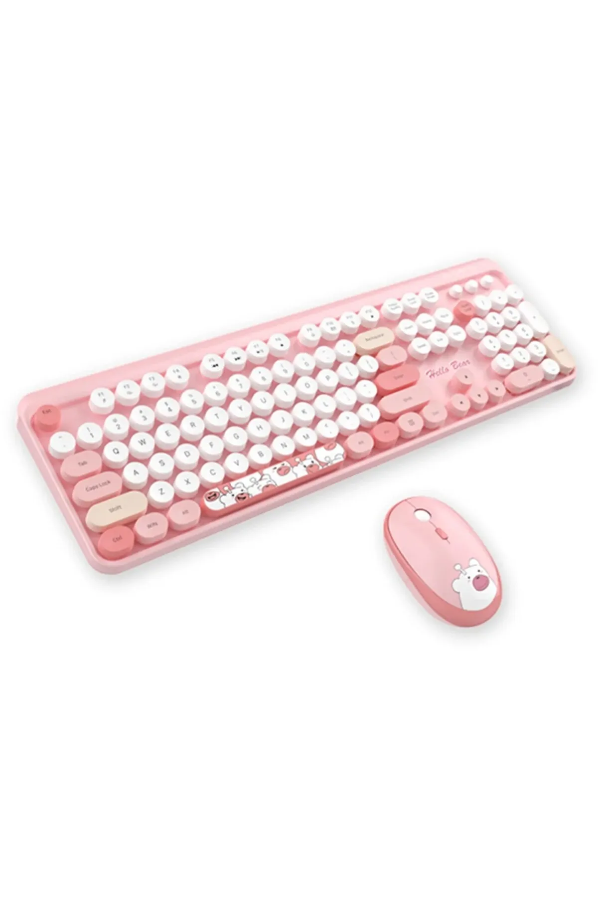 Wireless Keyboard and Mouse Set - Geezer, Teddy Bear Pattern, Colorful Round Keys