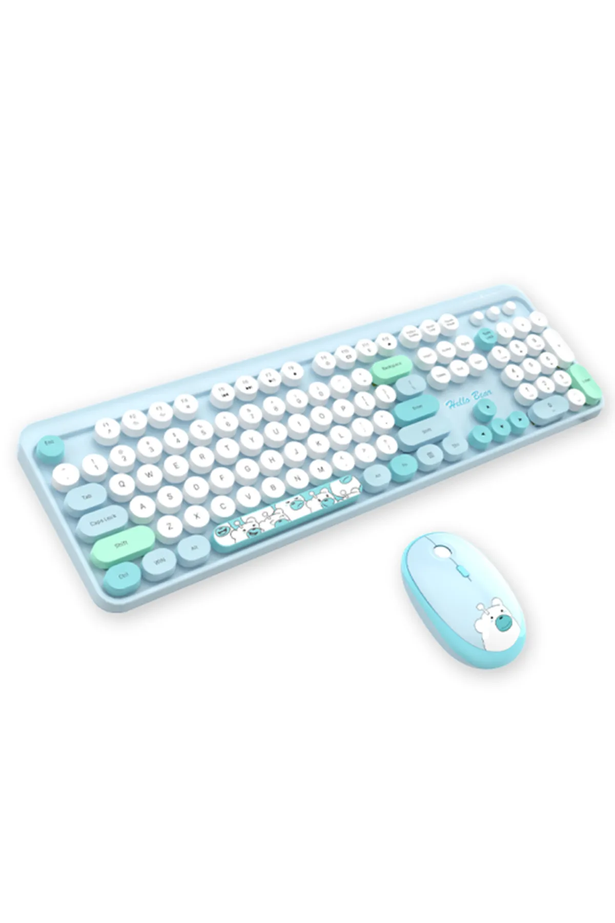 Wireless Keyboard and Mouse Set - Geezer, Teddy Bear Pattern, Colorful Round Keys
