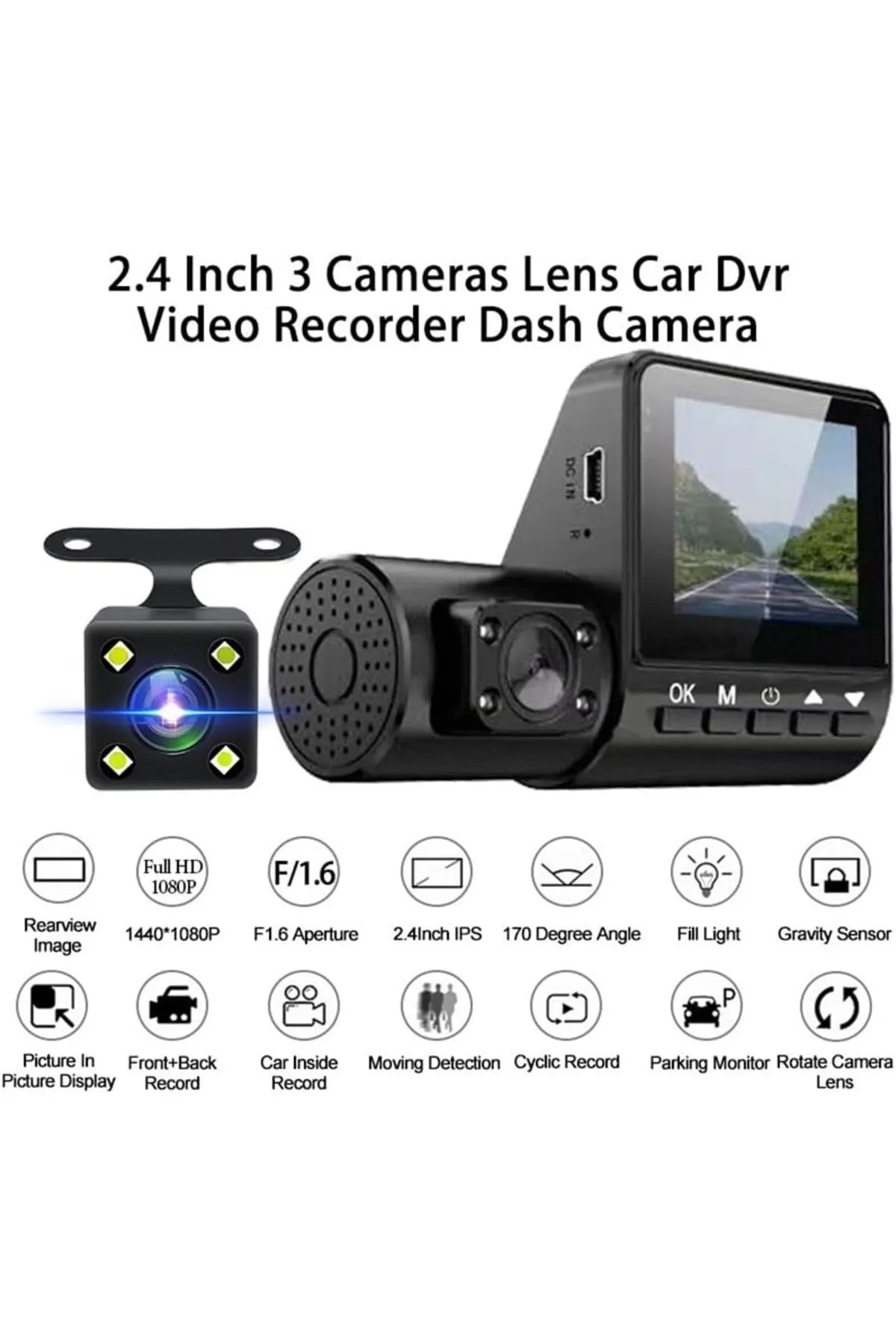 Triple Dash Cam - 1080P Night Vision Car Camera, Motion Detection Driving Recorder