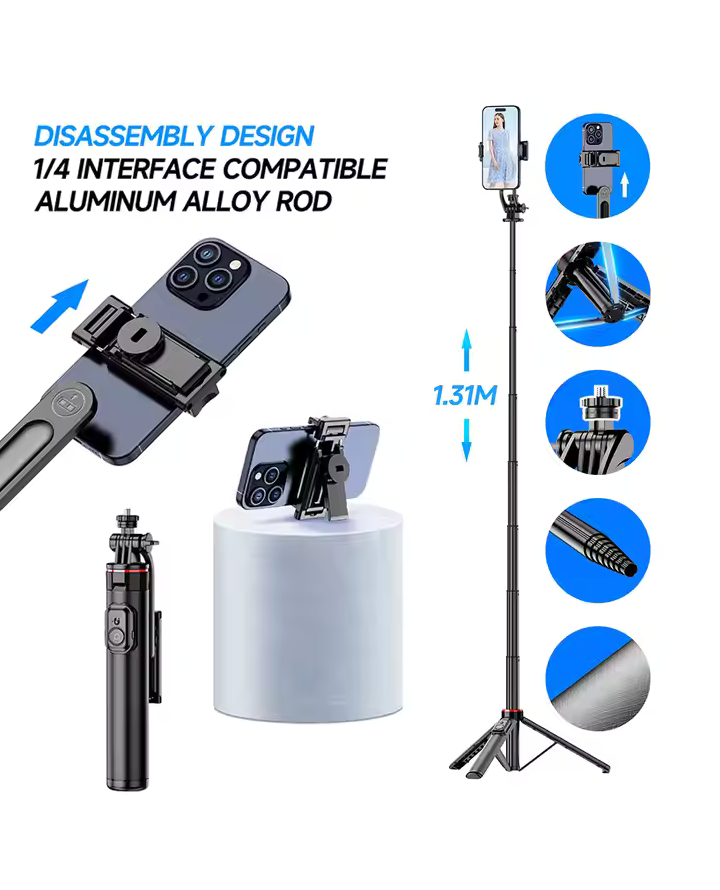 Tripod Wireless Selfie Stick GLRTECH C12 - Stainless Steel, Compatible, 131CM