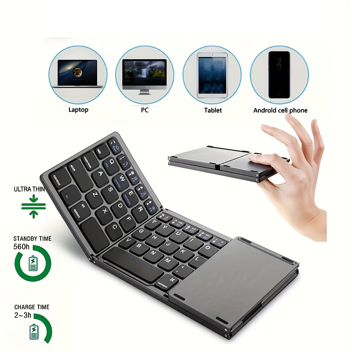 Mini Keyboard B033 - Wireless Bluetooth, Rechargeable, Foldable, Touchpad