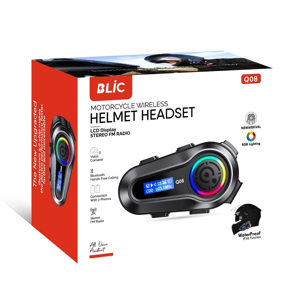 Intercom Motorcycle Helmet Bluetooth Headset Q08 - LCD Display, IPX6 Waterproof, Long Battery Life