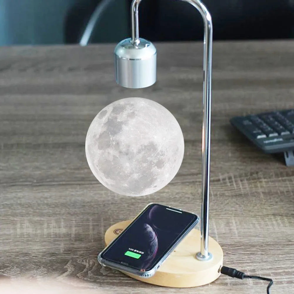 Levitating Ay Manyetik Levitasyonunun Lambası LED Gece Işıkları Yatak Odası Dekor için Kablosuz Şarj Tabanı ile Ahşap Yenilik Öğeleri