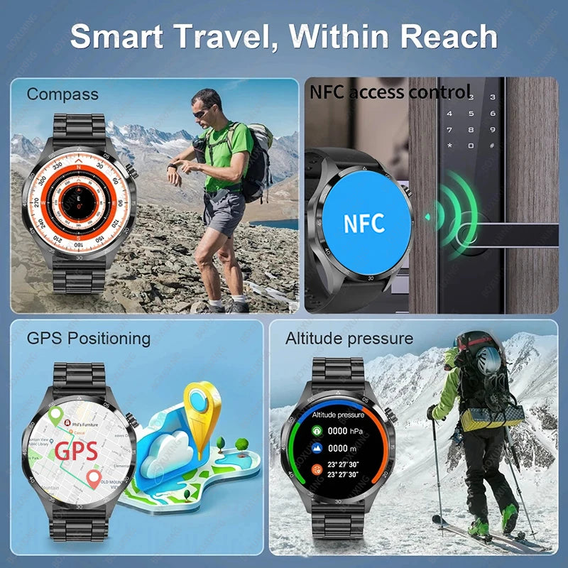 ساعة ذكية جديدة لعام 2023 من هواوي وشاومي GT4 Pro للرجال مزودة بخاصية NFC GPS وشاشة AMOLED عالية الدقة 360*360 ومعدل ضربات القلب ومكالمات بلوتوث