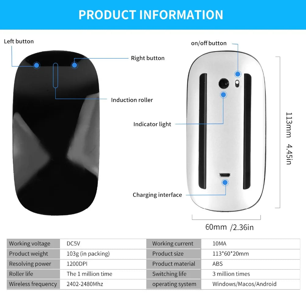 Bluetooth 5.0 Wireless Mouse Rechargeable Silent Multi Arc Touch Mice Ultra-thin Magic Mouse For Laptop Ipad Mac PC Macbook