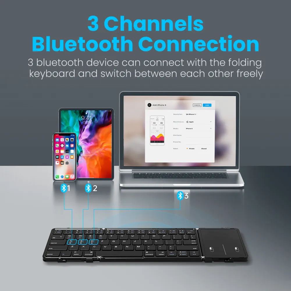 AVATTO Portable Mini folding Wireless Bluetooth 5.1 keyboard with 3Channels Connection for Windows Android IOS Tablet ipad Phone