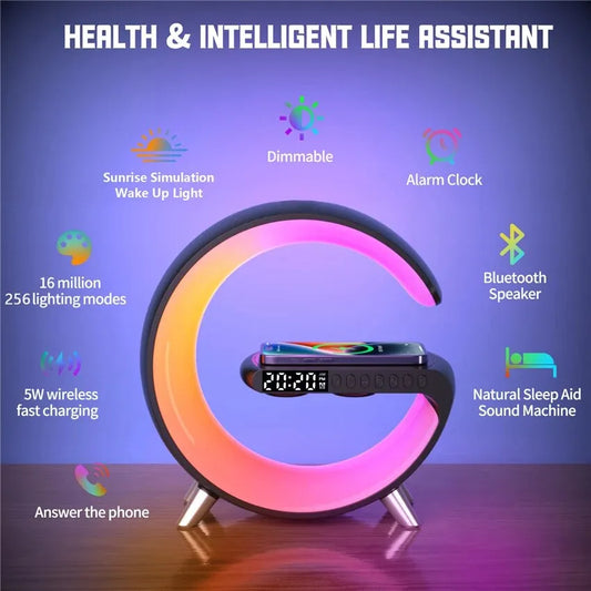Multifunctional Wireless Charger Stand Pad Alarm Clock Speaker RGB Night Light Fast Charging Station for iPhone Samsung Xiaomi