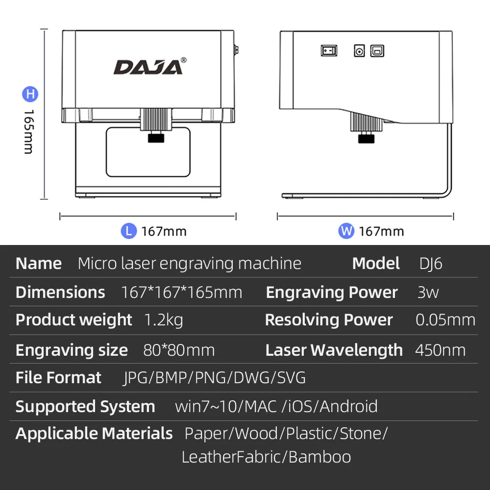 آلة نقش بالليزر DAJA CNC DIY DJ6 ماكينة نقش بالليزر 3000 ميجاوات طابعة صغيرة سريعة لعلامة الشعار قطع الخشب البلاستيكي