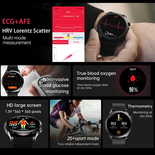 2023 New Blood Glucose Monitor Health Smart Watch Men Women ECG+PPG Blood Pressure Thermometer IP68 Waterproof Sport Smartwatch