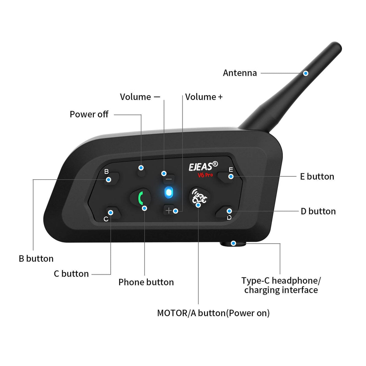 Ejeas V6PRO+ Helmet Headset Bluetooth Intercom Motorcycle Headset Dual Black